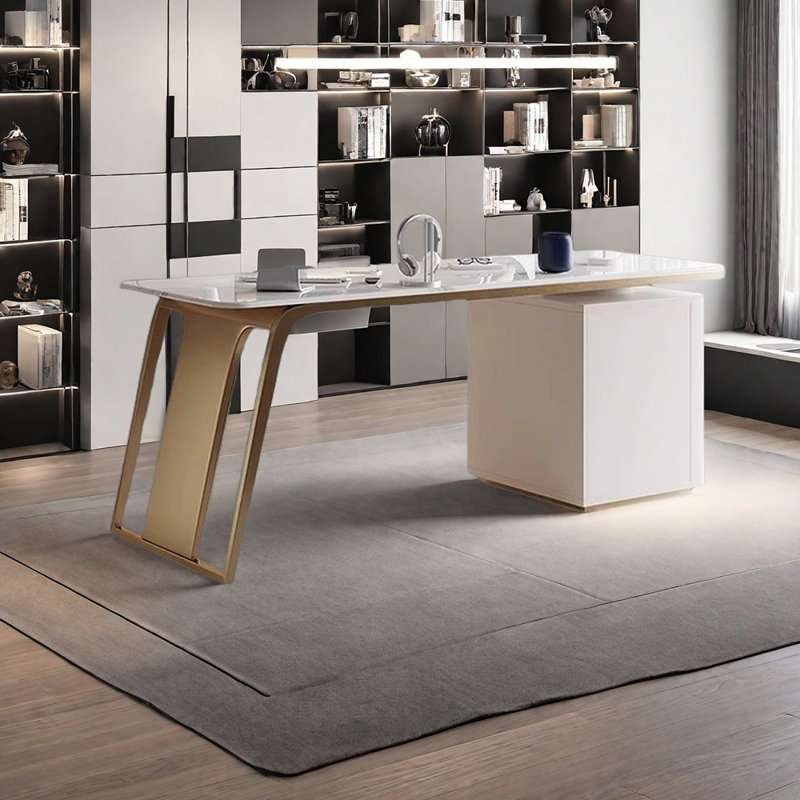 Bureau unique en pierre frittée, Doré / Blanc, H 29,53 po x l 70,87 po x P 27,56 po