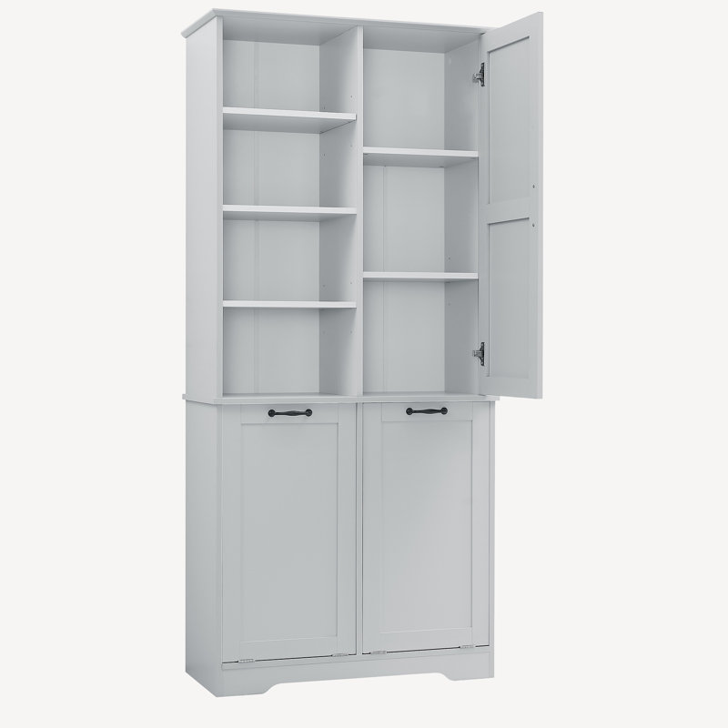 Armoire de rangement pour salle de bain avec portes et panier à linge inclinable, Gris