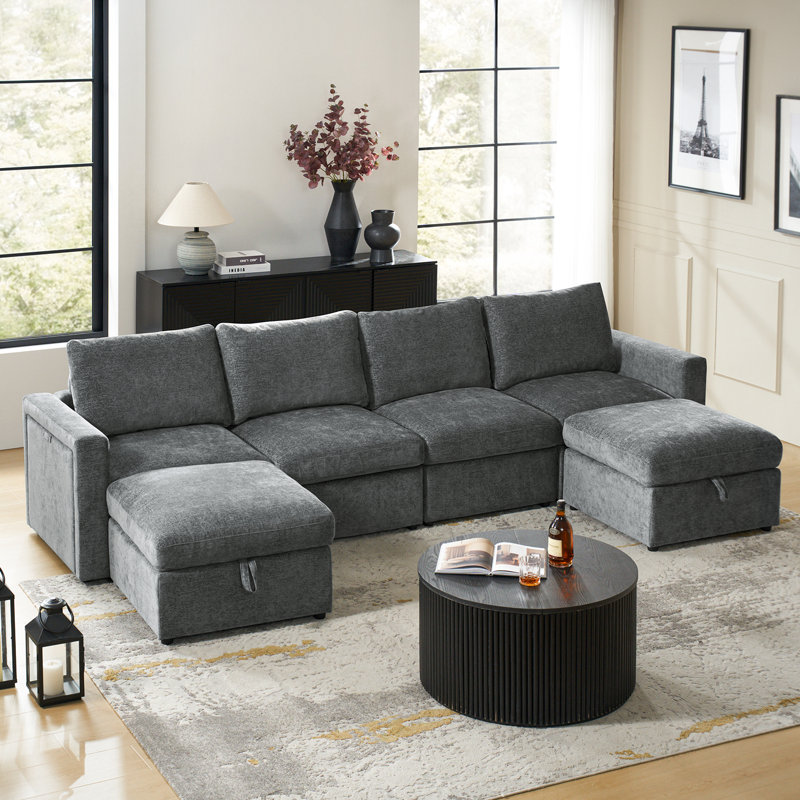 Canapé modulaire de rangement 6 pièces avec accoudoirs multifonctionnels Doulyn, Mélange de polyester gris