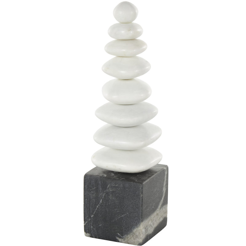 Cole And Grey Marble Stacked Stone Abstract Sculpture With Black Block Base