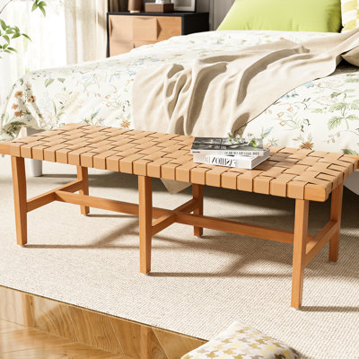 Banc pratique en bois avec similicuir tissé pour la chambre à coucher, qui ajoute de l'utilité - profondeur de 54,06 po, largeur de 16,22 po, siège de chambre à coucher élégant de 17,51 po, repose-pieds, hauteur de la pièce décorative, poids de 18,92 lb