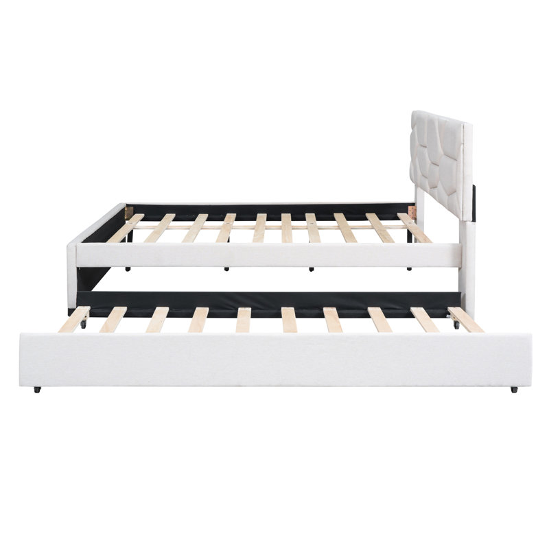 Lit plateforme tapissier avec tête de lit double Enjoy et lit gigogne beige