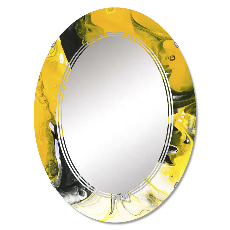 Jaune liquide noir et blanc liquide Art VII - miroir mural moderne ovale, 30 po x 20 po