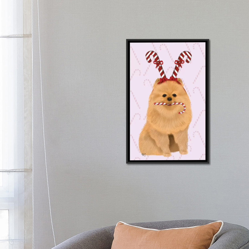 Impression sur toile tendue Fab Funky «Pomeranian and Candy Canes», Toile encadrée noire, H 26 po x l 18 po x P 1,5 po
