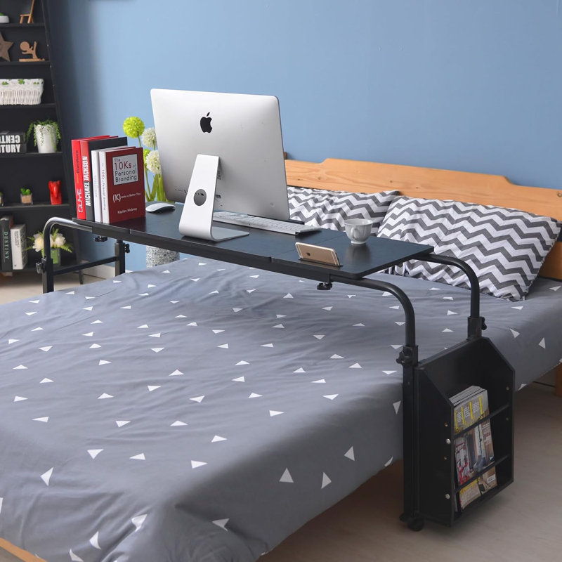 47'' Overbed Table with Wheels Adjustable Height and Length Over Bed Desk with Adjustable Tilt Board and Wheels, Cross-Bed Desk Hospital Heavy Duty Metal Leg Laptop Stand Tray