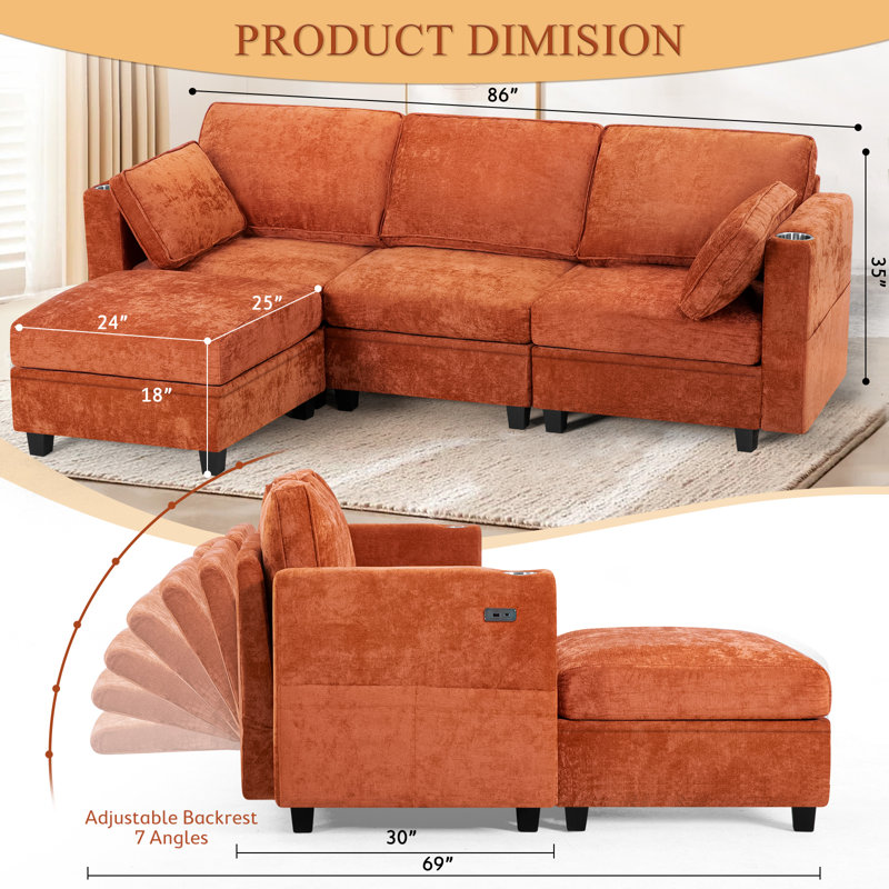 86" Chenille Modular Sofa With Adjustable Backrests, 4-Seat Sectional Couch With Usb Port And Cup Holders, L Shape Modern Sofa With Storage Space For Livingroom, Bedroom