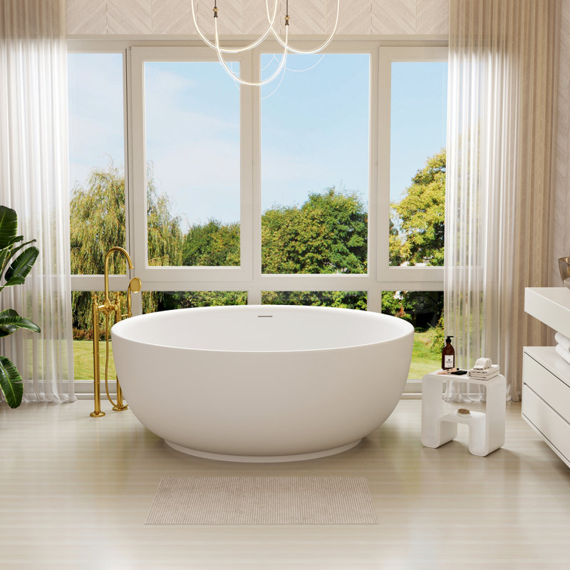 Baignoire de trempage autoportante ronde blanche à surface solide avec drain 59 po. Casainc
