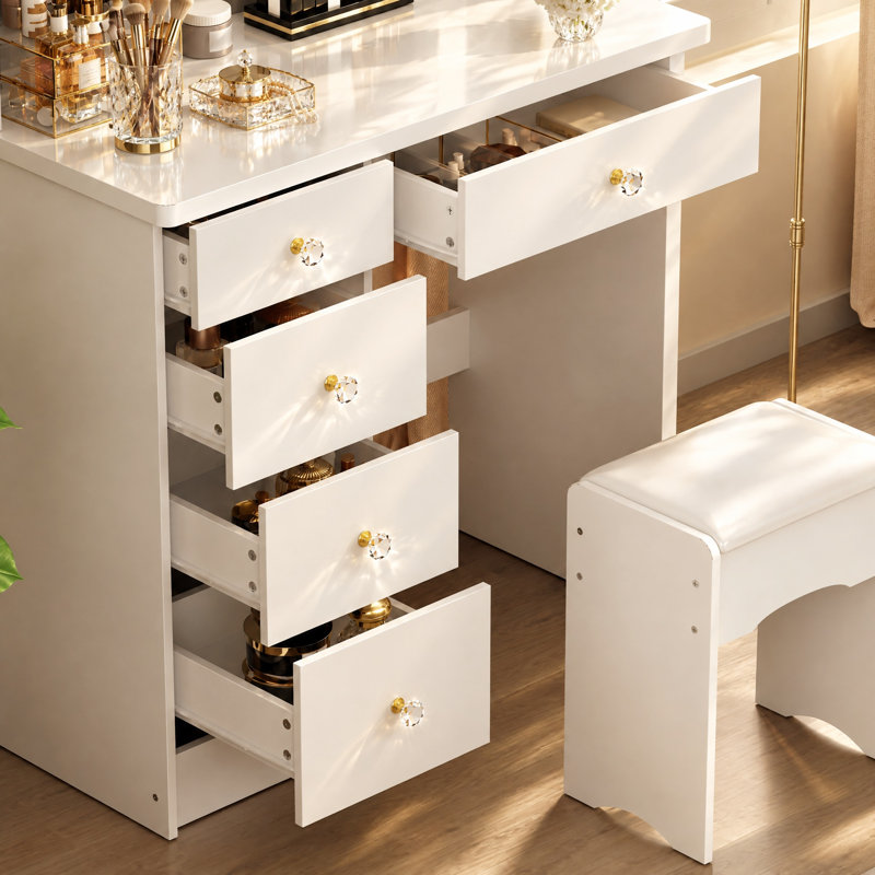 Ensemble de coiffeuse avec tabouret et miroir, Blanc