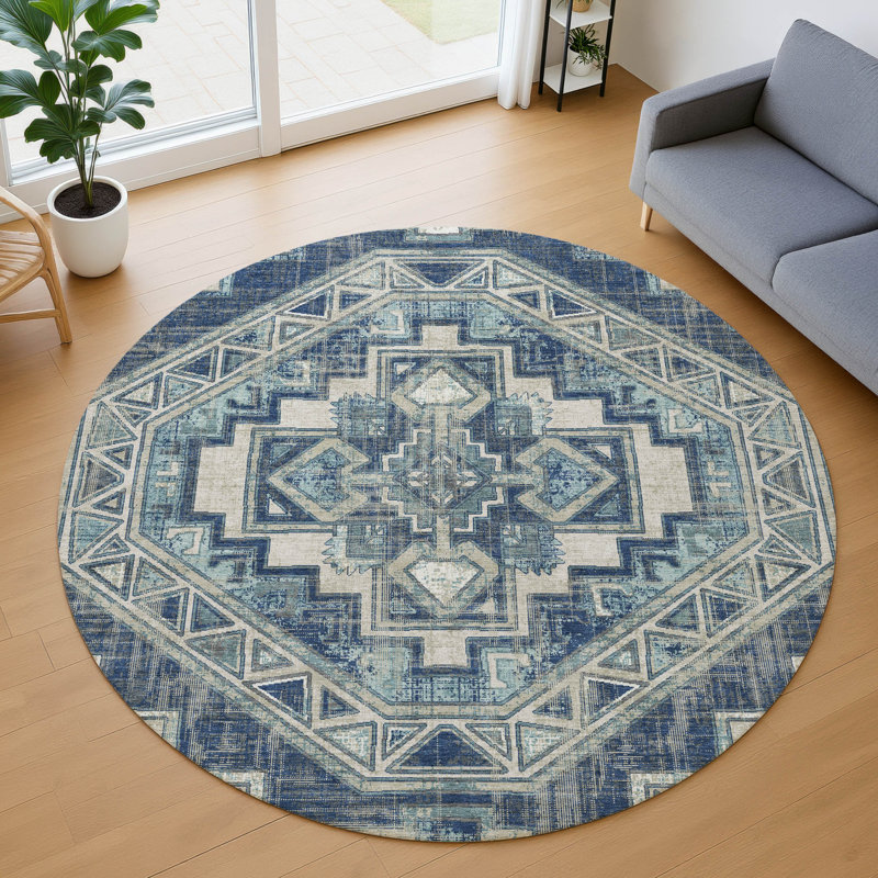 Machine Washable Indoor/Outdoor Chantille ACN2794 Global Rug, Navy, 8' Round