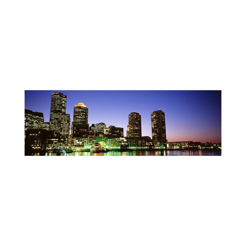 Skyscrapers At The Waterfront Lit Up At Night, Boston, Massachusetts, USA - Wrapped Canvas Panoramic Print