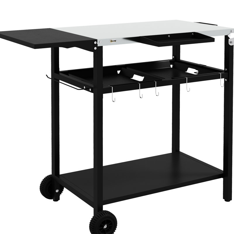 Patio Bar Cart, Stainless Steel Tabletop & 2 Layers, Paper Towel Hook Rack, Black Outdoor Kitchen Island, Tabletop, , Seasoning Shelf, Wheels, Hooks, Trash Holder,