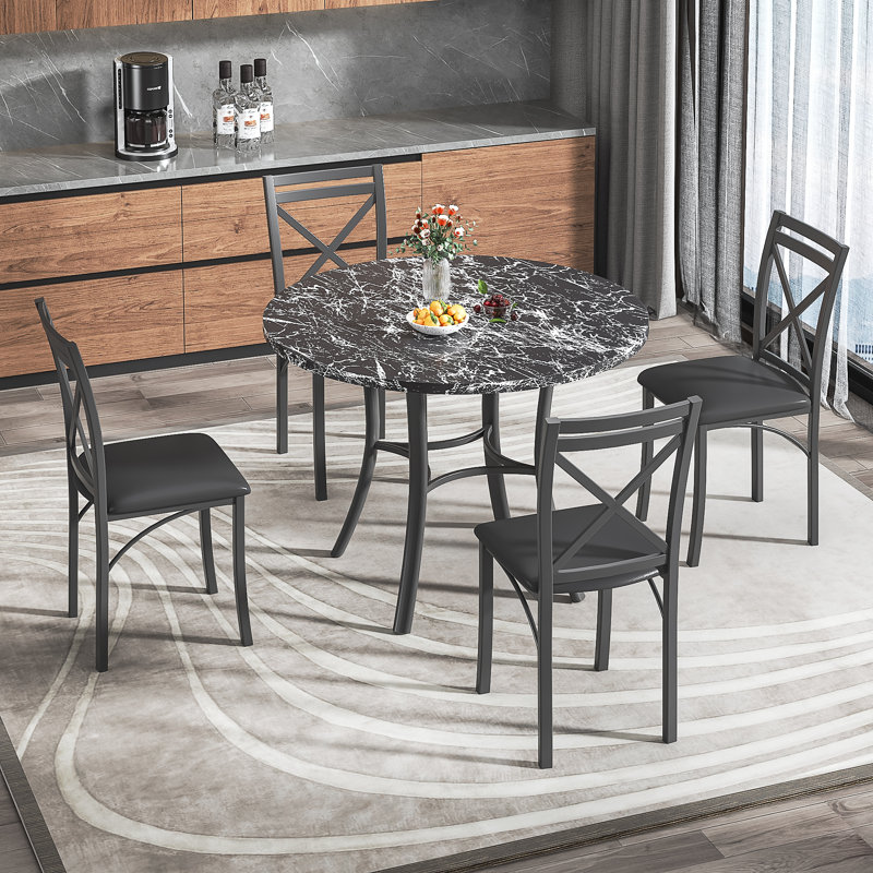 Kasandra 4 - Person Four Leg Dining Set, 5 Piece Dining Table Set for 4, Round Kitchen Table and 4 Metal Dining Chairs with Faux Leather Seats, Small Space Table Set for Kitchen, Dining Room, Breakfast Nook, Apartment