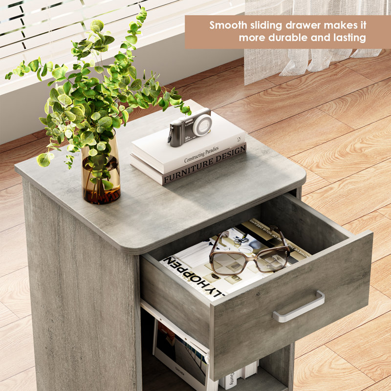 Ignacio 23.6" H Wood Nightstand with Drawer, Gray, Set of 2