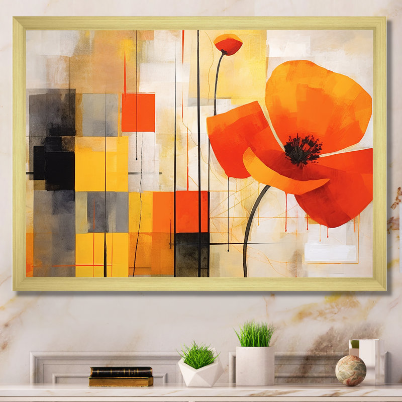 «Bold orange cubic Flowers», art mural abstrait géométrique, Cadre doré simple, H 16 po x l 32 po x P 1 po
