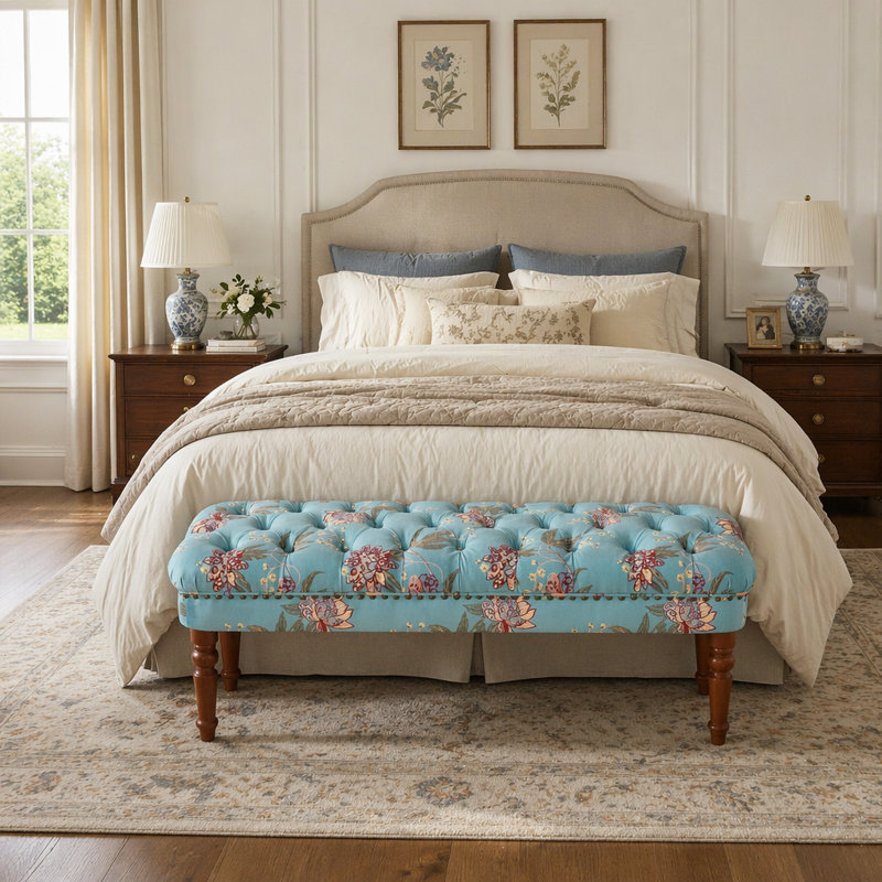 Banc capitonné de style européen avec pieds tournés en bois, repose-pieds rembourré américain pour chambre à coucher et espace de vie principal