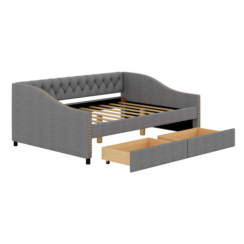 Upholstered Daybed With Two Drawers, Wood Slat Support, Full, Grey