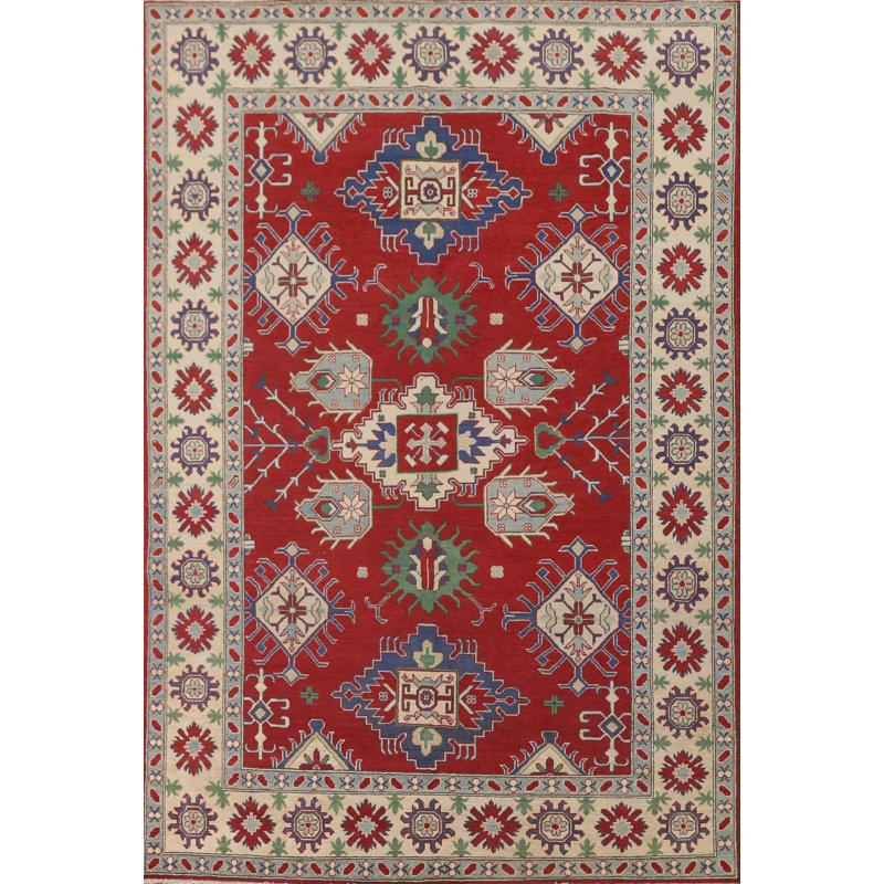 Red Geometric Kazak Oriental Area Rug