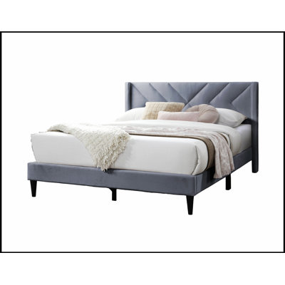Lit rembourré élégant en velours gris moderne avec tête de lit aux lignes épurées et cadre de lit durable