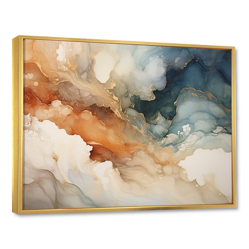 Abstrait beige et geyser doré, peinture sur toile abstraite, Cadre flottant doré, H 30 po x l 40 po x P 1,5 po