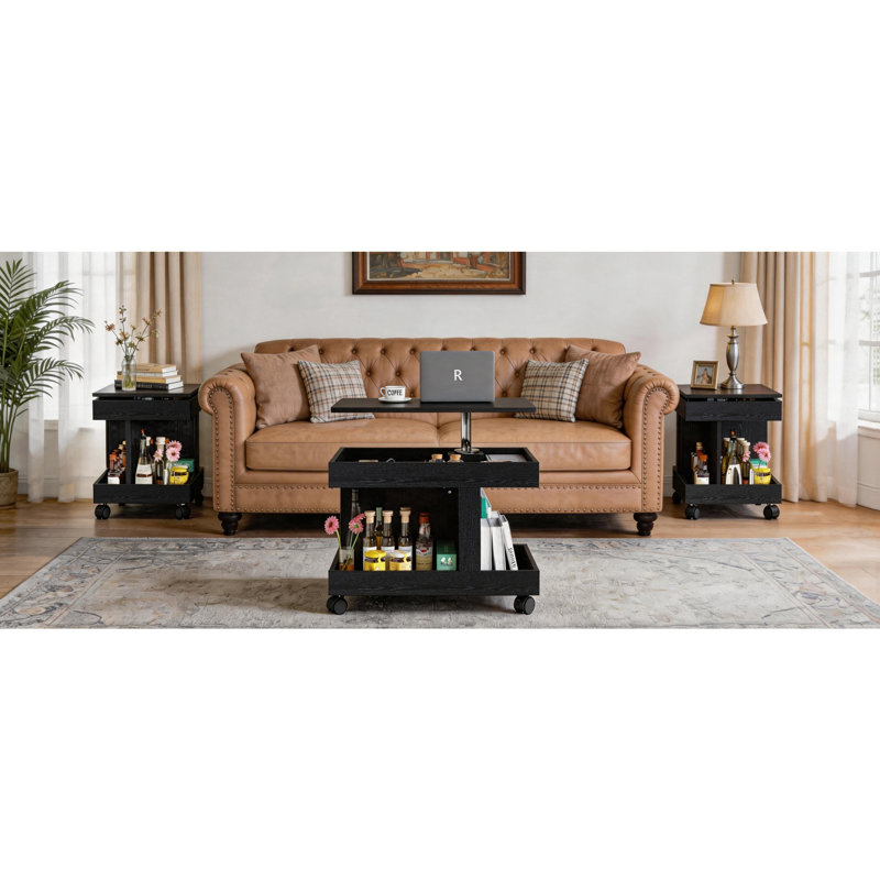 Petite table basse à roulettes, table d'appoint multifonctionnelle rotative à 360 °, table de bout roulante avec compartiment de rangement, table de chevet mobile pour le salon, la maison et le mobilier de chambre à coucher, noir