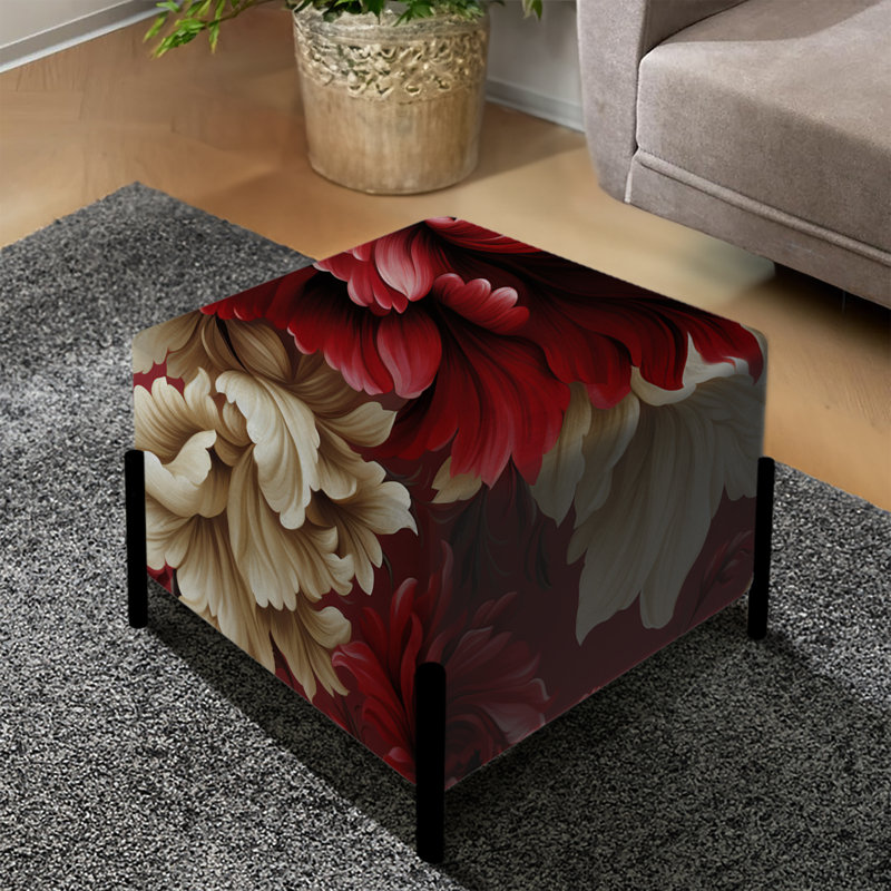 Red Regal Damask Opulence - Floral Square Ottoman