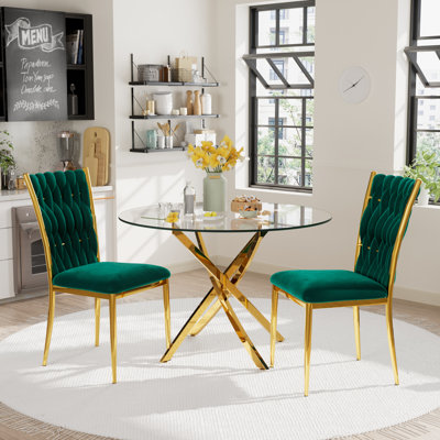 39in Metal and Glass Round Dining Table Set with Velvet Upholstered Dining Chairs by Mercer41