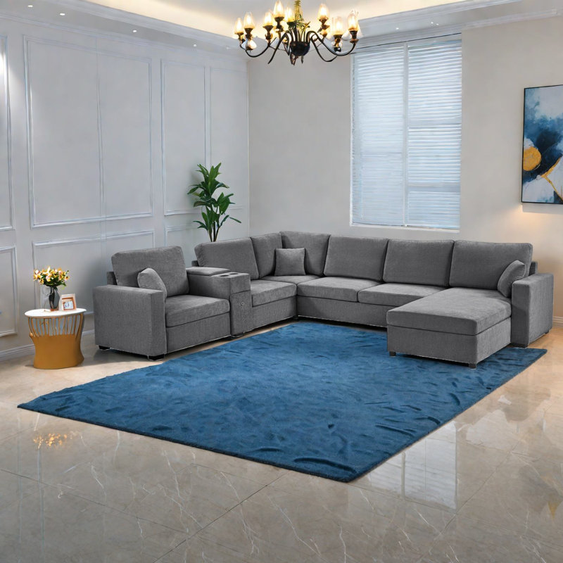 Spacieux canapé modulaire en chenille à 5 places, en forme de U moderne avec rangement pour la vie familiale
