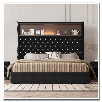 Velvet Tufted Soft Bed Frame with USB Port and Night Light,52'' High Headboard with Rivet Decoration