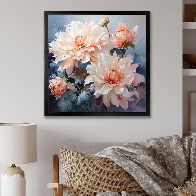 Impression romantique «I Peach Chrysanthemums Peach», H 16 po x l 16 po x P 1 po, Cadre photo noir