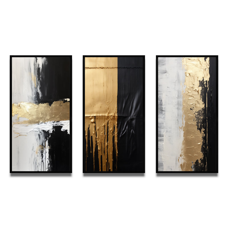 3 pièces sur toile - Dimensions horizontales abstraites or noir, Cadre flottant noir, H 40 po x l 60 po