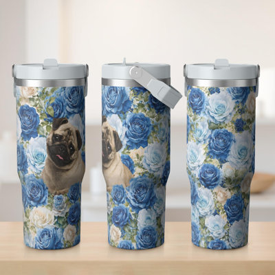 Gobelet 30 oz avec couvercle et poignée Gobelets isothermes en acier inoxydable Bouteille d'eau mignonne avec rabat (chien)