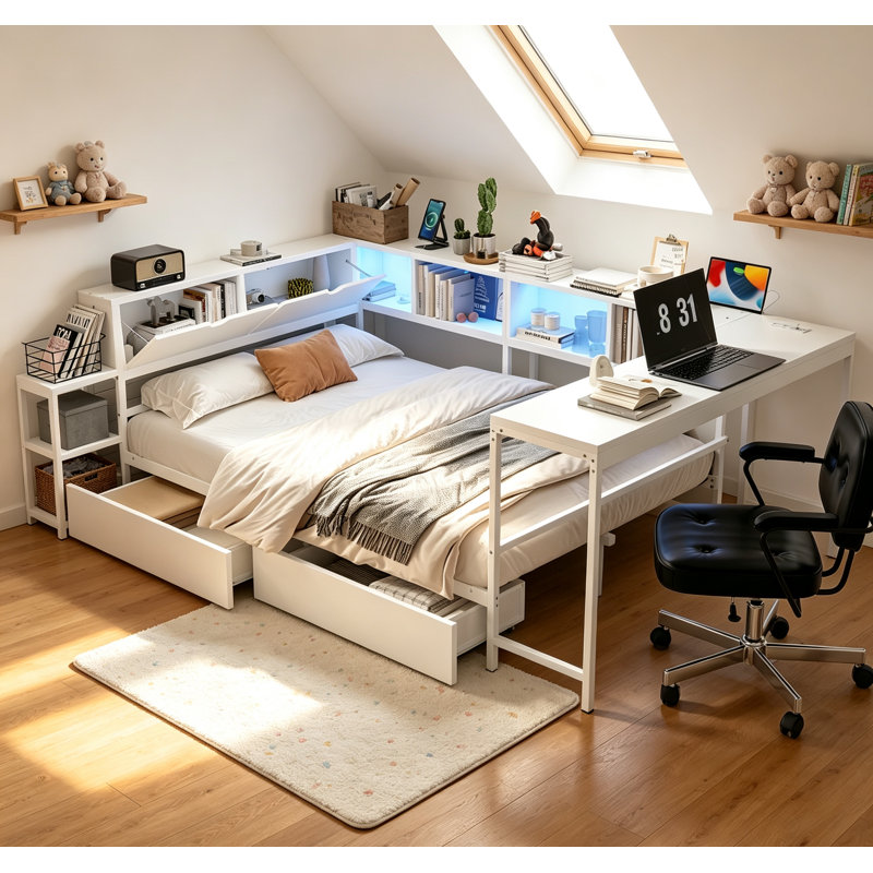 Cadre de lit d'angle avec bibliothèque, 2 tiroirs de rangement sous le lit et casiers de rangement ouverts, lit de jour moderne en métal avec lumière DEL et station de charge pour les petits espaces