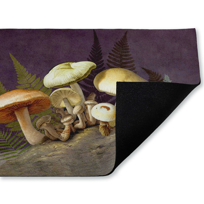 Tapis de porte d'extérieur imprimé champignons et fougères sur fond mauve, par Tim Coffey, 18 po x 30 po