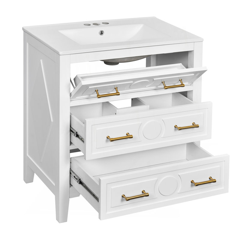 Ensemble de meuble-lavabo simple 30 po avec 3 tiroirs, meuble-lavabo autoportant avec cadre en bois massif 30 po, blanc