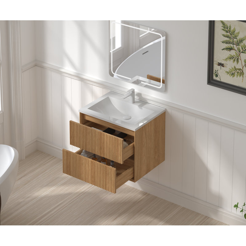 Meuble-lavabo flottant avec lavabo | 23,62 x 18,11 x 19,69 | Contreplaqué | 1 pièce | Meuble-lavabo de salle de bain | Noyer | Conception flottante murale