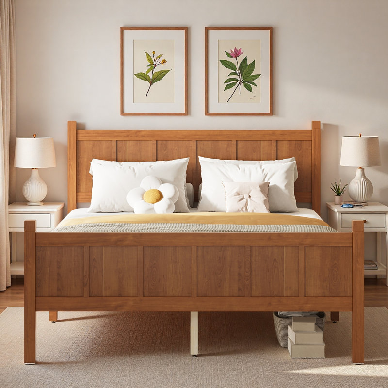 Lit plateforme moderne avec tête de lit et pieds robustes, Noyer clair, Lit double