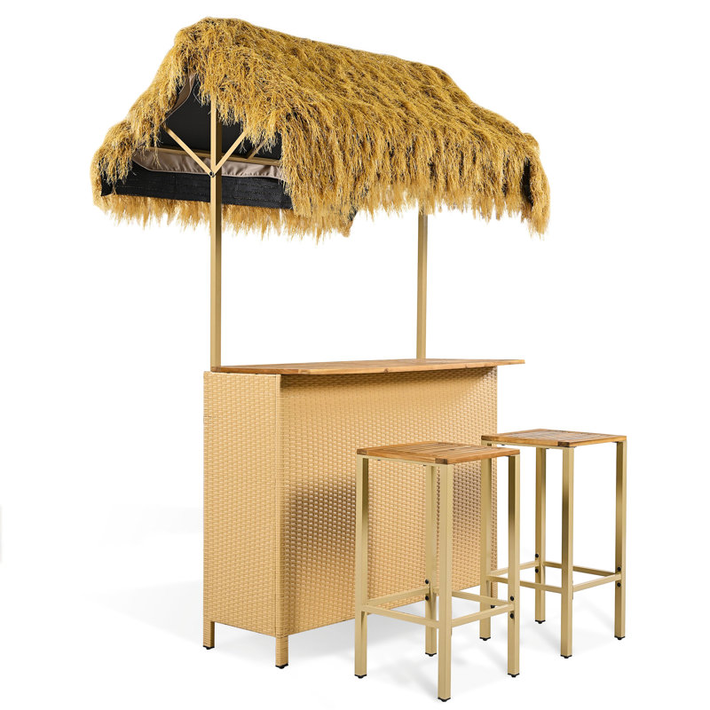 Bar de style hawaïen pour l'extérieur avec auvent en gazon synthétique, matériau en bois, pieds réglables, espaces de rangement spacieux, bois, pieds inégaux