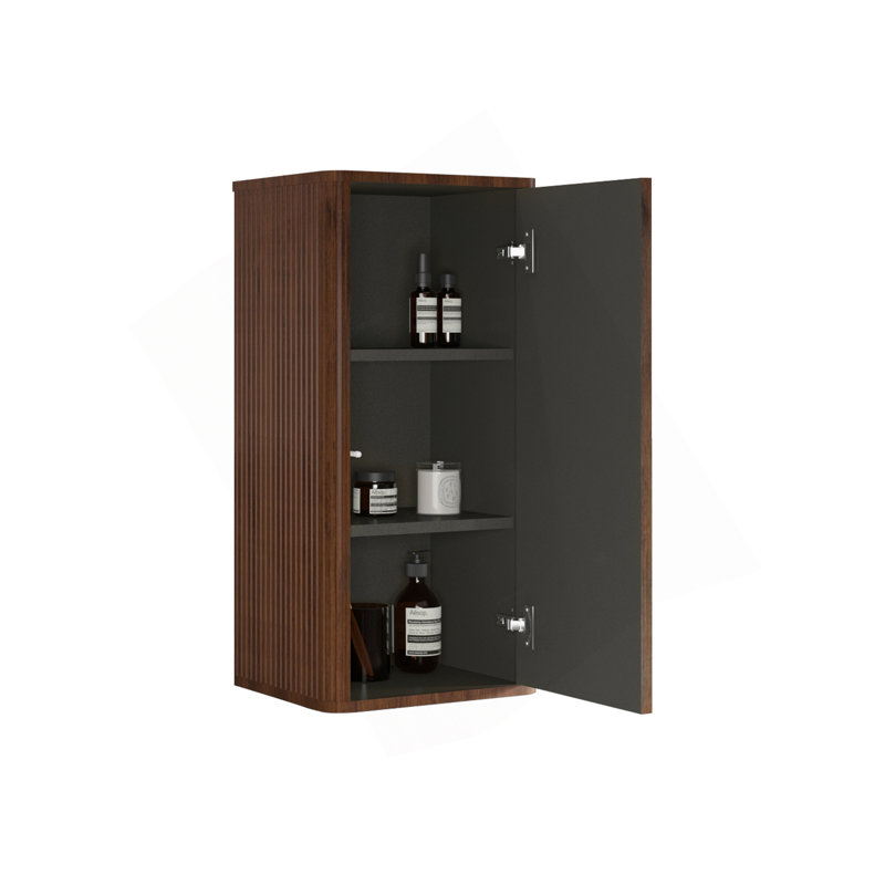 Stylish Striped Walnut Bathroom Floating Side Cabinet For Small Spaces, Wall-Mounted Storage Solution.