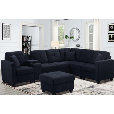 Ensemble de 7 fauteuils modulaires en microfibre bleu foncé avec coussins hauts et deux porte-gobelets pour plus de stabilité et de velours