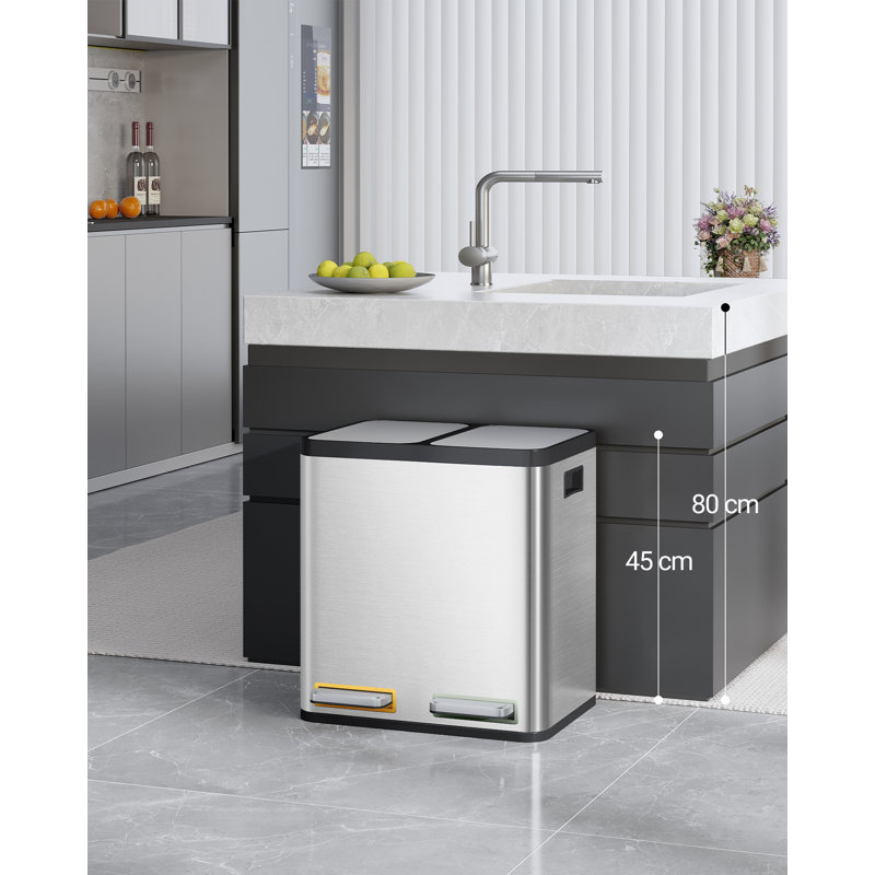 Kitchen Bin, Recycling Bins, Pedal Bin with Lid, Stainless Steel Kitchen Bins Recycling and Waste, Silent Slow-Down Closing Lid, With 15 Exclusive Trash Bags