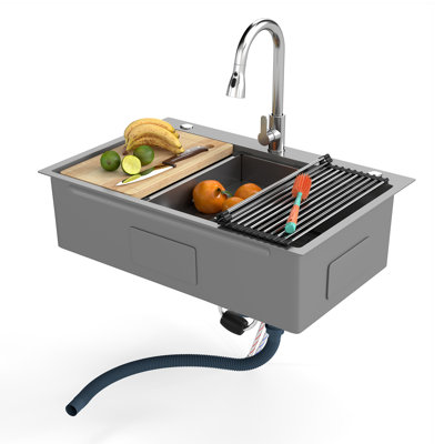Évier de cuisine encastré 33 po avec robinet rétractable, poste de travail à cuve simple en acier inoxydable 304