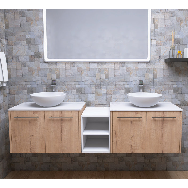  Rarnby 72" Double Sink Wall Mounted Bathroom Vanity, Floating Vanity with 4 Doors, White Ceramic Sinks & Storage Shelves