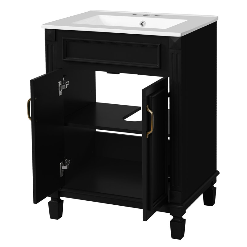 Meuble-lavabo moderne de 24 po avec lavabo supérieur, structure en bois massif et grand rangement, armoire rectangulaire noire pour planches de design, style rétro, deux portes, rangement idéal