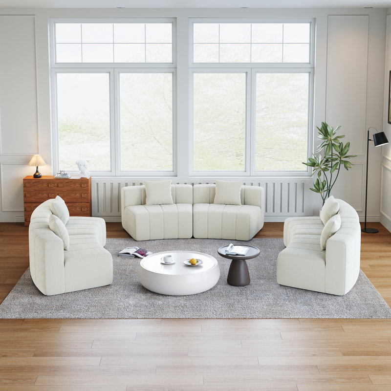 Canapé modulaire courbé 6 places avec coussins, Beige Chenille, 29" H x 175" W x 87.5" D, Symmetrical
