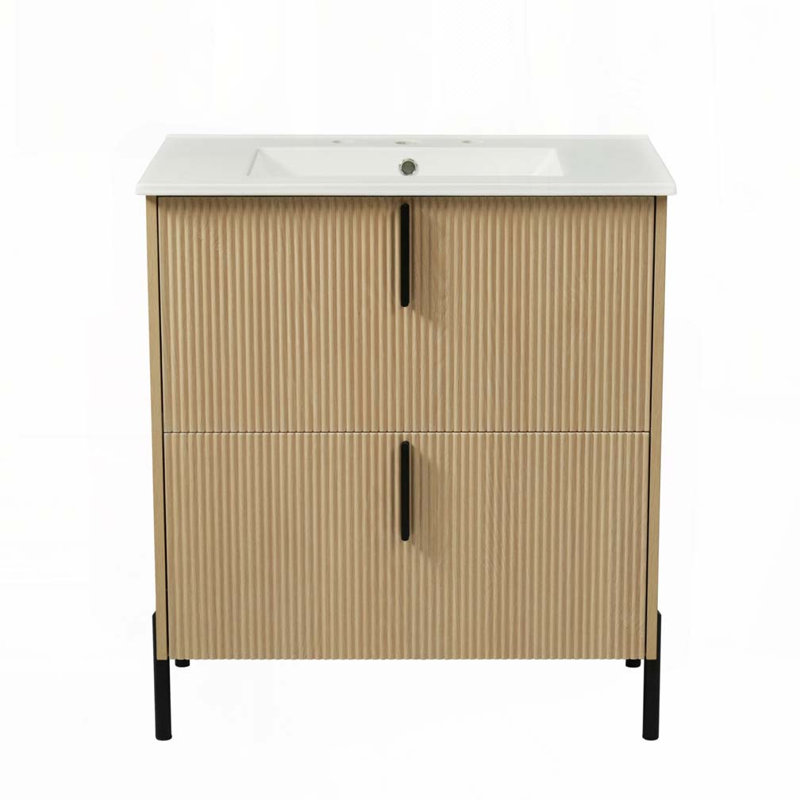 Meuble-lavabo de salle de bain avec lavabo en céramique et tiroirs pleine extension, Naturel