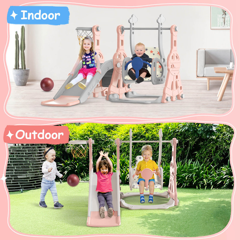 Pink and Gray 4-in-1 Toddler Slide and Swing Set