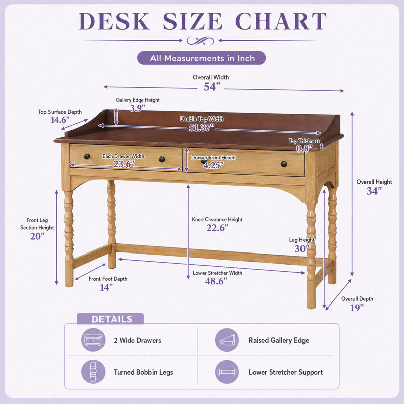 Bureau d'écriture moderne et organique de 137 cm (54 pouces) avec pieds tournés en forme de fuseau et bordure surélevée, bureau d'ordinateur élégant de style français pour la maison ou le bureau à domicile
