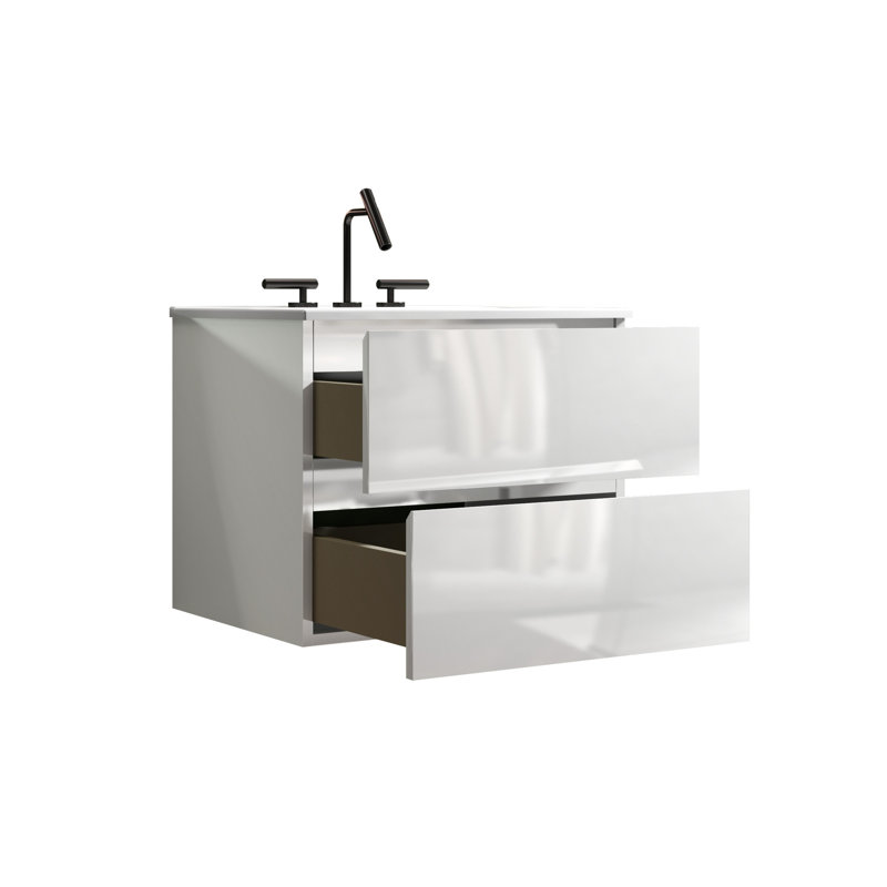 Meuble-lavabo mural blanc brillant de 61 cm (24 po) - Lavabo en céramique, 3 trous pour robinetterie, grand compartiment de rangement, design moderne et silencieux, tiroir