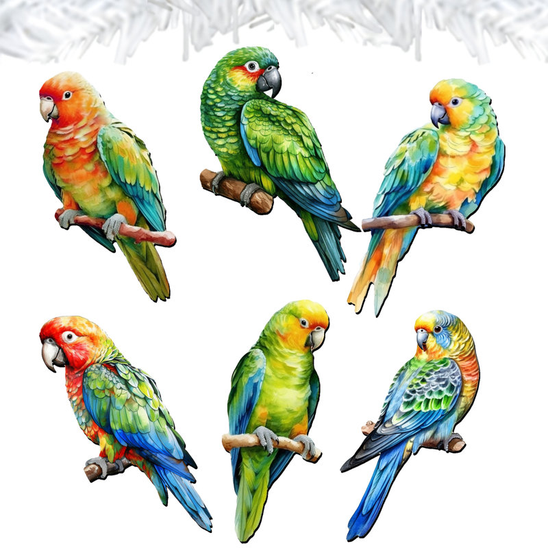 Colorful Parrots Wooden Clip-On Ornaments Set of 6