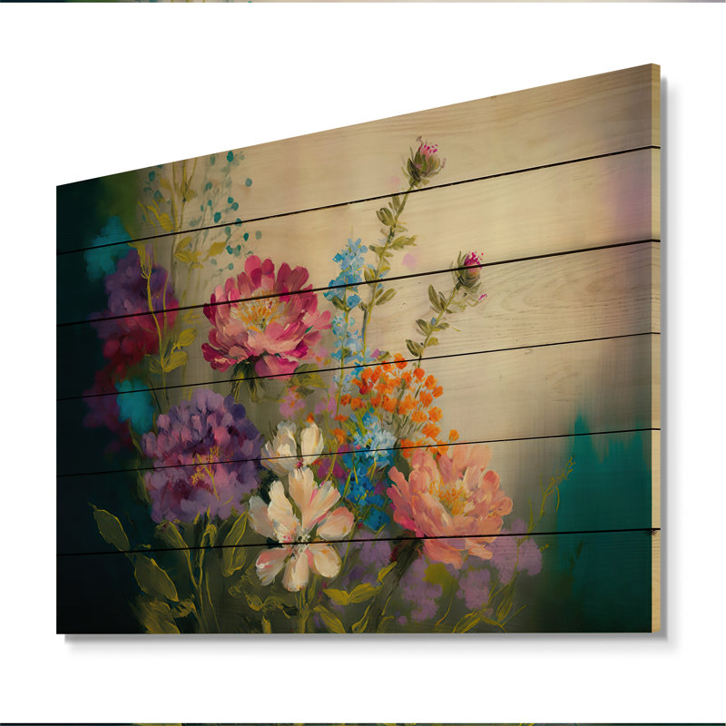«Painted Blossoming Wildflowers III - Bouquet floral», reproduction de bois crème, H 12 po x l 20 po x P 1 po